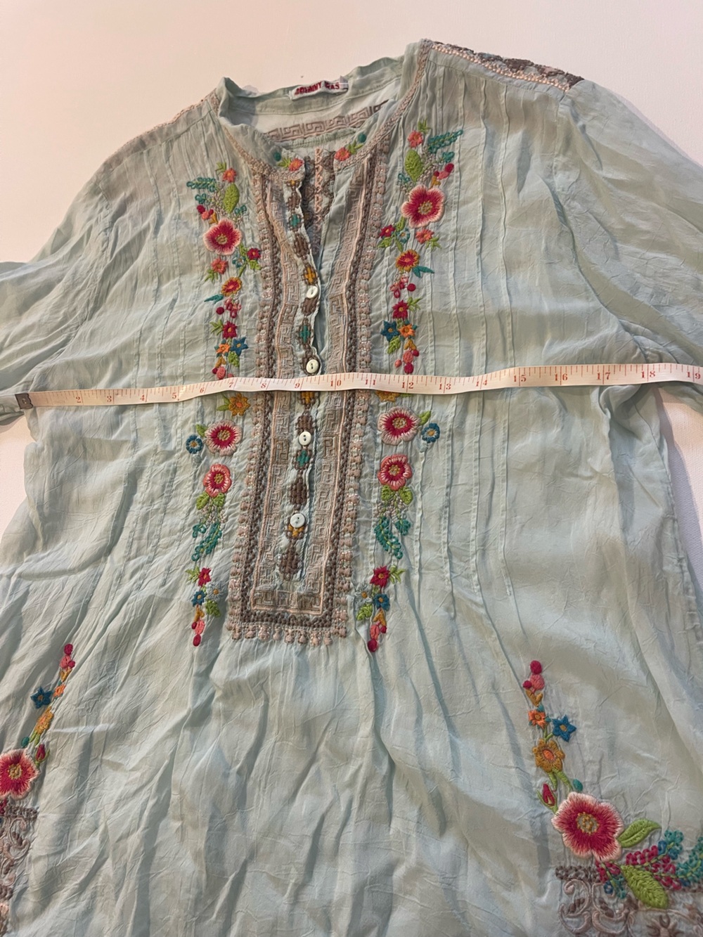 Johnny Was Floral Embroidered Boho Tunic Top M Semi Sheer Mint Cupra Rayon Luxe - Picture 15 of 16